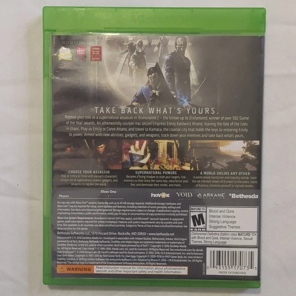 Bethesda Dishonored 2 Limited Edition Xbox One Action Adventure Manual NTSC 2016